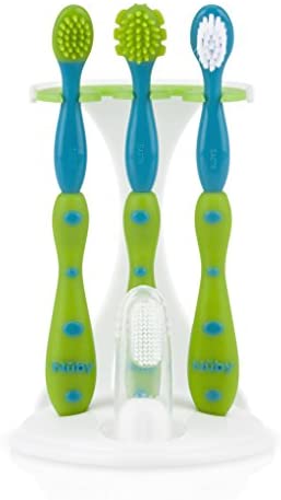 Toys for Babies Under One: Nuby 4-Stage Oral Care Set with 1 Silicone Finger Massager, 2 Massaging Brushes, 1 Nylon Bristle Toddler Tooth Brush, Green/Aqua