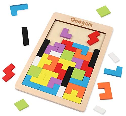 Toys and Games for Autistic Children: Coogam Wooden Tetris Puzzle Brain Teasers Toy Tangram Jigsaw Intelligence Colorful 3D Russian Blocks Game STEM Montessori Educational Gift for Baby Kids (40 Pcs)