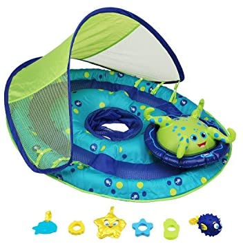 Toys for Babies Under One: SwimWays Baby Spring Float Activity Center with Canopy – Inflatable Float for Children with Interactive Toys and UPF Sun Protection – Blue/Green Octopus