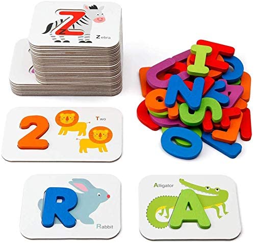 Toys and Games for Pre-Schoolers: Coogam Numbers and Alphabets Flash Cards Set – ABC Wooden Letters and Numbers Animal Card Board Matching Puzzle Game Montessori Educational Toys Gift for Toddlers Age 3 Preschool and Up Years