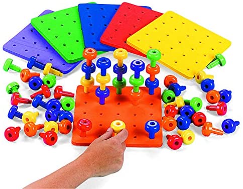 Toys and Games for Autistic Children: Fun Express Stack It Peg Game with Board Occupational Therapy for Austism, Various Colors, (1 Board and 30 Pegs)