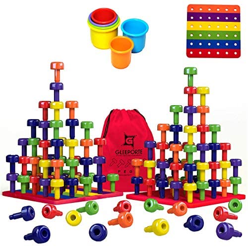 Toys and Games for Autistic Children: Stacking Peg Board Toy Set | Jumbo Pack | Montessori Occupational Therapy Fine Motor Skills for Toddlers and Preschooler, 60 Pegs & Board | 3 Free Bonuses, 6 Stacking Cups, Colorful Board, Carry Bag