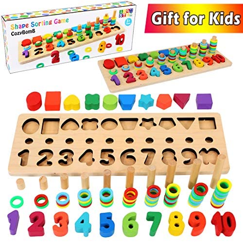 Toys for Toddlers: CozyBomB Wooden Number Puzzle Sorting Montessori Toys for Toddlers – Shape Sorter Counting Game for Age 3 4 5 Year olds Kids – Preschool Education Math Stacking Block Learning Wood Chunky Jigsaw