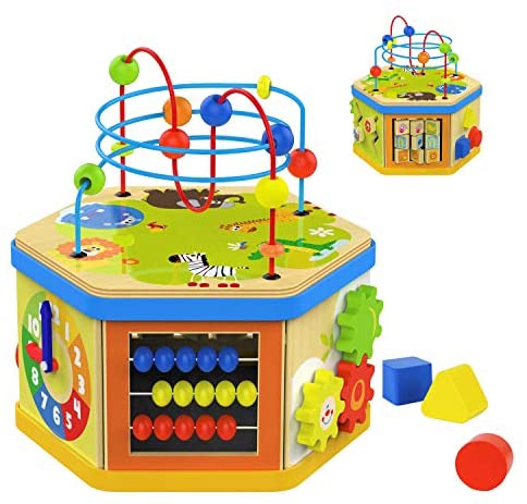 Toys for Babies Under One: TOP BRIGHT Activity Cube Toys Baby Educational Wooden Bead Maze Shape Sorter 7-in-1 Toys for 1 Year Old Boy and Girl Toddlers Gift