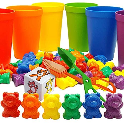 Toys and Games for Autistic Children: Skoolzy Rainbow Counting Bears with Matching Sorting Cups, Bear Counters and Dice Math Toddler Games 71pc Set – Bonus Scoop Tongs, Storage Bags…