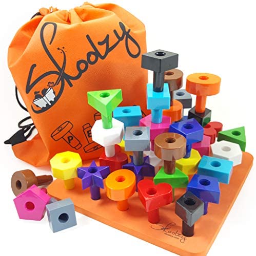 Toys and Games for Autistic Children: Skoolzy Peg Board Toddler Stacking Toys – STEM Color Sorting Learning Games – Montessori Toys for 1, 2, 3, 4 Year Old Boys and Girls – 38pc Shapes Puzzle Educational Manipulatives, Ebook, Tote
