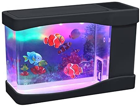 Toys and Games for Autistic Children: Playlearn Mini Artificial Fish Tank with Moving Fish – USB/Battery Powered – Fake Aquarium Toy Fish Tank with 3 Fake Fish