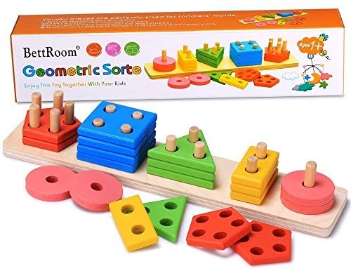 Toys for Babies Under One: BettRoom Wooden Educational Preschool Toddler Toys for 3 4-5 Year Old Boys Girls Shape Color Recognition Geometric Board Blocks Stack Sort Kids Children Non-Toxic Toy(14IN)