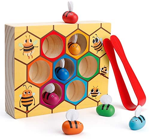 Toys for Toddlers: Coogam Toddler Fine Motor Skill Toy, Clamp Bee to Hive Matching Game, Montessori Wooden Color Sorting Puzzle, Early Learning Preschool Educational Gift Toy for 2 3 4 Years Old Kids