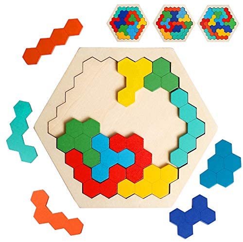 Toys and Games for Autistic Children: Wooden Hexagon Puzzle for Kid Adults Shape Pattern Block Tangram Brain Teaser Colorful Toy Geometry Logic IQ Game STEM Montessori Educational Gift for All Ages Challenge Children Kid Boys Girls