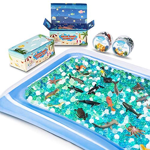 Toys and Games for Autistic Children: MONILON Water Beads, 24 Pcs Ocean Sea Animals Tactile Sensory Play Kids Toys for Boys Girls, Water Gel Soft Beads Growing Jelly Balls for Spa Refill, Pool & Decor-Inflatable Water Mat Include