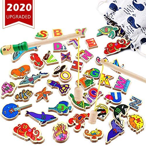 Toys and Games for Pre-Schoolers: CozyBomB Wooden Fishing Game for Kids – Magnetic Alphabet Number Fish Magnet Catching Counting Board Games Toys for 2 3 4 Year Old Girl Boy Toddlers Birthday Toy Learning Education Math with Poles