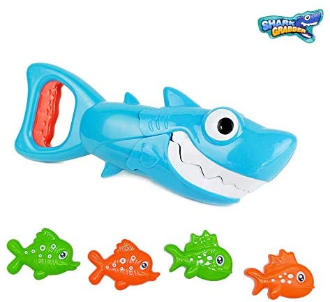 Toys for Babies Under One: INvench Shark Grabber Baby Bath Toys – Blue Shark with Teeth Biting Action Include 4 Toy Fish Bath Toys for Boys Girls Toddlers (Blue)