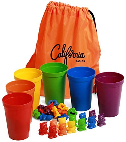 Toys and Games for Pre-Schoolers: California Basics Rainbow Colored Counting Bears with Cups, 72-pc Colorful Counting & Sorting Toys for Kids, Colorful Educational Toys with Carrying Bag