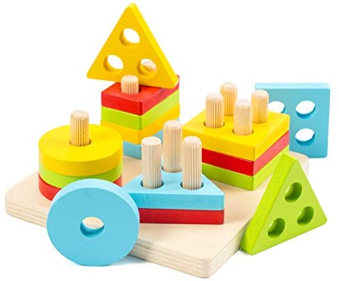 Toys for Babies Under One: WOOD CITY Wooden Sorting & Stacking Toys for Toddlers, Educational Shape Color Recognition Puzzle Stacker, Early Childhood Development Puzzle Toys for 1 2 3 Year Old Boys Girls (4 Shapes)