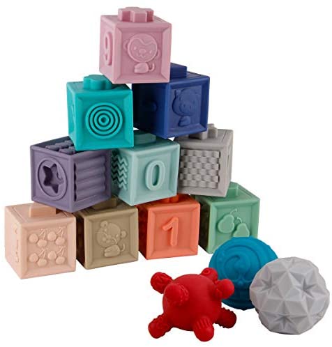 Toys for Babies Under One: BOBXIN 15PCS Baby Blocks Toys Soft Building Blocks Sensory Ball Set teethers for Babies Bath Toys Squeeze Play with Numbers Shapes Animals Fruit and Textures Toy for 6 Months Toddlers