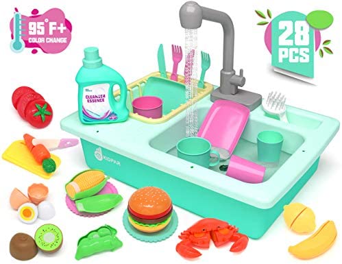 Toys for Toddlers: KIDPAR 28 Pcs Color Changing Kitchen Play Sink Toys for Kids, Toddler Electric Dishwasher with Running Water, Automatic Water Cycle System, Cutting Food, House Pretend Role Play Toys for Boys Girls