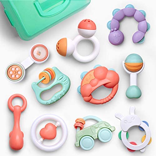 Toys for Babies Under One: Gizmovine 10pcs Baby Toys Rattles Set, Infant Grasping Grab Toys, Spin Shaking Bell Musical Toy Set Early Educational Toys with Storage Box for Toddler Newborn Baby 3, 6, 9, 12 Month