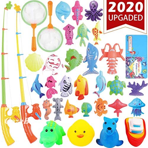 Toys and Games for Pre-Schoolers: CozyBomB Magnetic Fishing Game for Kids – Bath Pool Toys Set for Water Table Learning Education Fishin for Bathtub Fun with 4 Squeak Rubber Animal and Boat, Poles Rod Net Fishes for Kids Age (Green)