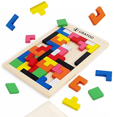 Toys and Games for Autistic Children: USATDD Wooden Tetris Puzzle Tangram Jigsaw Brain Teasers Toy Building Russian Blocks Game Colorful Wood Puzzles Montessori Intelligence Educational Gift for Baby Toddlers Kid 40 Pcs