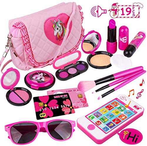 Toys for Toddlers: Kids Makeup Kit – Girl Pretend Play Makeup & My First Purse Toy for Toddler Gifts Including Pink Princess Purse, Smartphone, Sunglasses, Credit Card, Lipstick, Brush, Lights Up & Make Real Life Sounds