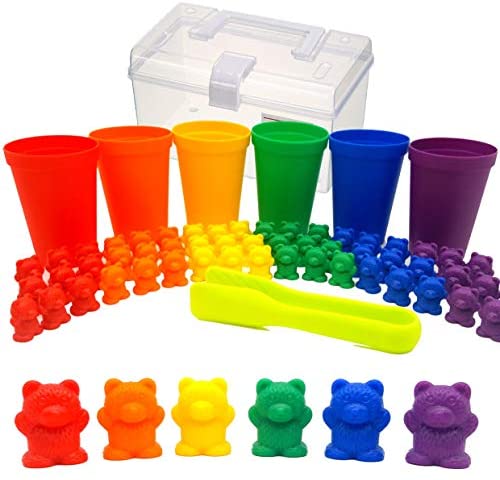 Toys and Games for Pre-Schoolers: KABOOCHY Rainbow Counting Bears with Matching Sorting Cups and Storage Container 68pc Set. Quality Colorful Toy Counters for Kids to Learn Mathematics Games, STEM, Montessori Matching Game