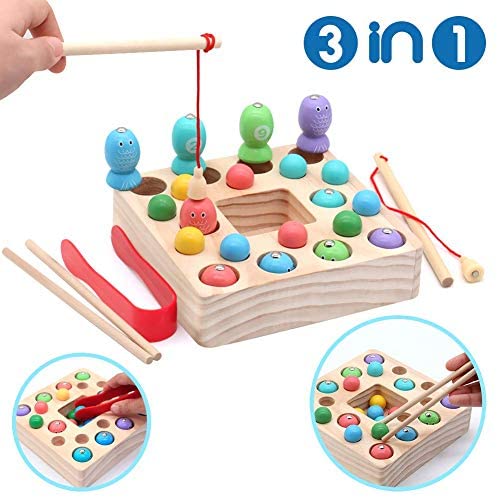 Toys and Games for Pre-Schoolers: Montessori Toys for Toddlers Wooden Fishing Game Fine Motor Skill Learning Magnet Fishing Pole Clamp Chopsticks 10 Fishes & Beads Preschool Math Education Gift for Kids Child Age 3 4 5 6 Year Old
