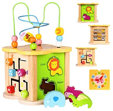 Toys for Babies Under One: Baby Small Activity Cube Toys 6-in-1 Play Center Wooden Bead Maze Animal Shape Sorter Clock Learning Developmental Montessori Toys Gifts for 1 2 Year Old 12 Month Infant Toddler Kids Boy Girl