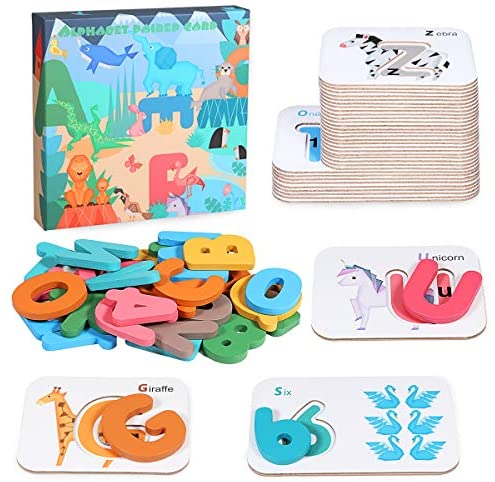 Toys for Toddlers: Apfity Alphabet and Numbers Flash Cards for Toddlers, ABC Wooden Letters and Numbers Alphabets Puzzles Animal Flashcards Set Montessori Educational Learning Toys Gift for Kids Boys Girls Age 3+