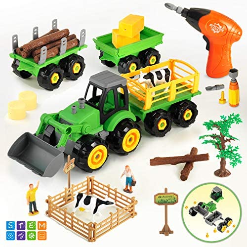 Toys for Toddlers: CUTE STONE Take Apart Toys Farm Truck Tractor with Electric Drill, Play Farm Toys Set with Farm Animal Action Figures, Bonus Storage Box and Farm Accessories,STEM Learning Toys for Kids Toddlers