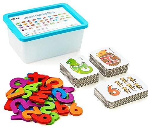 Toys and Games for Pre-Schoolers: LiKee Alphabet and Number Flash Cards Wooden Jigsaw Puzzle Peg Board Set Preschool Educational Montessori Toys for Toddlers Kids Boys Girls 3+ Years Old (36 Cards and 37 Wooden Blocks)