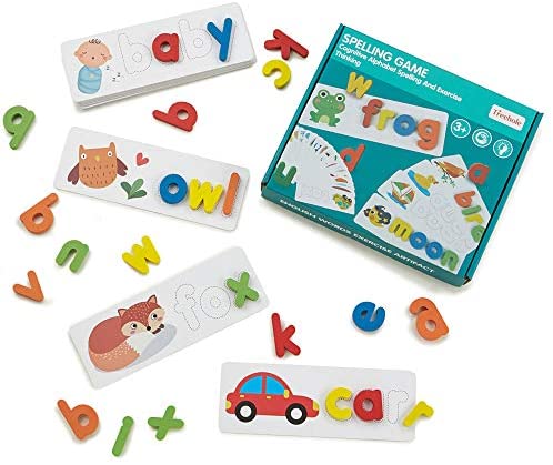 Toys and Games for Pre-Schoolers: LiKee See and Spell Learning Toys Sight Words Games Matching Letter Puzzles Montessori Preschool Educational Toys for Kids Boys Girls Age 3+ Years Old (28 Flash Cards and 52 Wooden Alphabet Blocks)