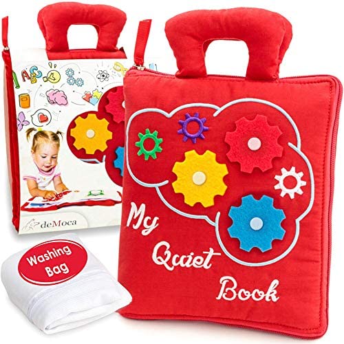 Toys and Games for Autistic Children: deMoca Quiet Book for Toddlers – Montessori Basic Skills Activity – Soft Travel Toy & Educational Busy Book for 2 3 Year Old Boys & Girls + Zipper Bag (Red)