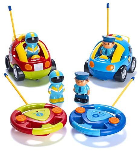 Toys for Toddlers: Prextex Pack of 2 Cartoon R/C Police Car and Race Car Radio Control Toys for Kids- Each with Different Frequencies So Both Can Race Together