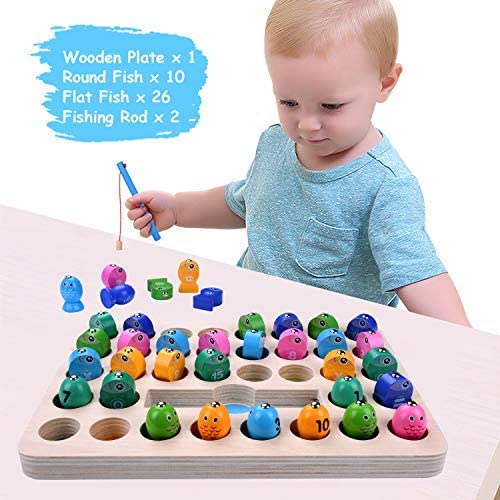 Toys and Games for Pre-Schoolers: JIAHCN Wooden Magnetic Fishing Game for Toddlers, Alphabet Board Games Set Letters Sorting Puzzles Montessori Toys Numbers Counting Preschoolers at Age 2 3 4 Years Old with 2 Poles