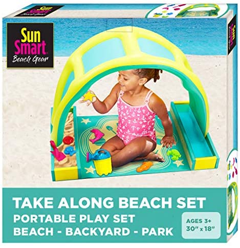 Toys for Toddlers: SunSmart Kiddie Activity Play Set, Beach Sand Toy Playset with Eight (8) Toys, Pop-Up Tent for Toddlers, Take-Along Beach Sand Play Kit with Canopy