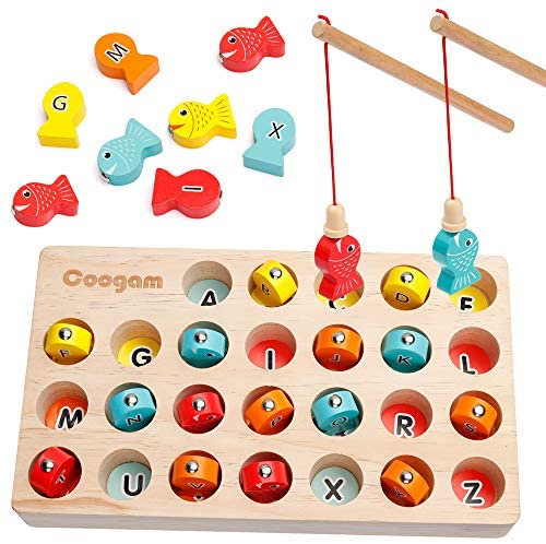 Toys and Games for Pre-Schoolers: Coogam Wooden Magnetic Fishing Game, Fine Motor Skill Toy ABC Alphabet Color Sorting Puzzle, Montessori Letters Cognition Preschool Gift for 2 3 4 Years Old Toddler Kid Early Learning with 2 Pole