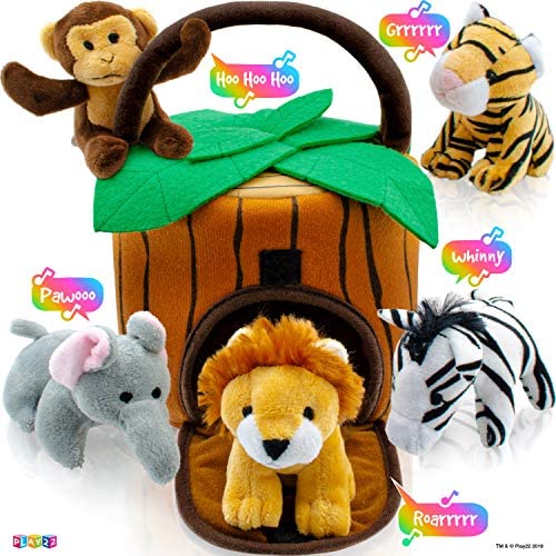 Toys for Toddlers: Play22 Plush Talking Stuffed Animals Jungle Set – Plush Toys Set with Carrier for Kids Babies & Toddlers – 6 Piece Set Baby Stuffed Animals Includes Stuffed Bear, Elephant, Tiger, Lion, Zebra, Monkey