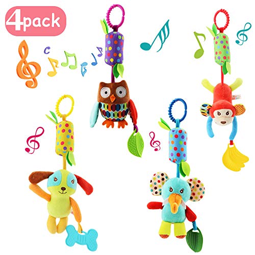 Toys for Babies Under One: Joyshare 4 PCS Baby Soft Hanging Rattle Crinkle Squeaky Toy – Baby Toys for 0 3 6 9 to 1 Animal Ring Plush Stroller Infant Car Bed Crib Travel Activity Hanging Wind Chime with Teether for Boys Girls