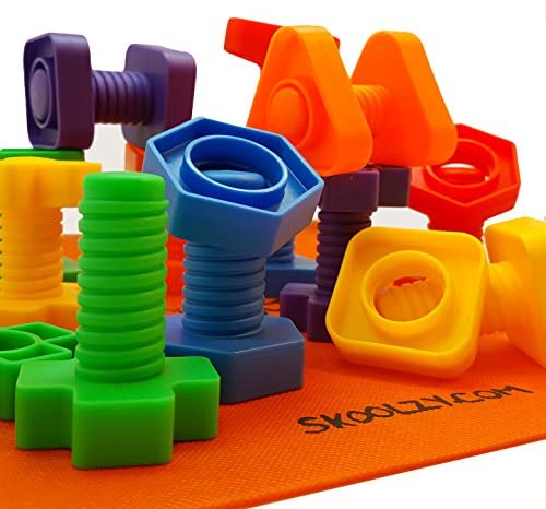Toys and Games for Autistic Children: Skoolzy Nuts and Bolts Fine Motor Skills – Occupational Therapy Toddler Toys – Montessori Building Construction Kids Matching Game for Preschoolers – Jumbo 24 pc Set with Backpack & Activity Download