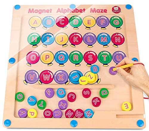 Toys and Games for Pre-Schoolers: Gamenote Magnetic Alphabet Maze Board, Wooden Matching Letter Game Montessori Toys for Preschool Kingdergarten – Fine Motor Skills Toys ABC Recognition Color Sorting Puzzle