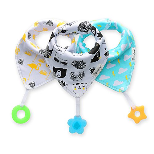Toys for Babies Under One: Baby Bandana Drool Bibs 3-Pack and Teething Toys 3-Pack Made with 100% Organic Cotton, Super Absorbent and Soft Unisex (Vuminbox) (White)