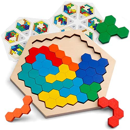 Toys and Games for Pre-Schoolers: Coogam Wooden Hexagon Puzzle for Kid Adults – Shape Pattern Block Tangram Brain Teaser Toy Geometry Logic IQ Game STEM Montessori Educational Gift for All Ages Challenge