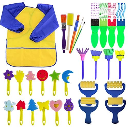 Toys for Toddlers: EVNEED Paint Sponges for Kids,29 pcs of Fun Paint Brushes for Toddlers.Coming with Sponge Brush, Flower Pattern Brush, Brush Set, Long Sleeve Waterproof Apron with 3 Roomy Pockets