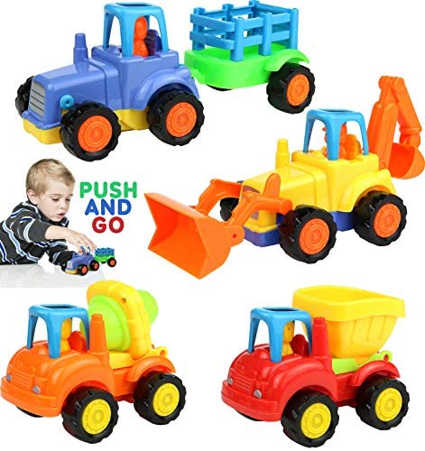 Toys for Toddlers: TeganPlay Toy Trucks for Toddlers Friction Powered Cars Push and Go Cartoon Construction Vehicles Tractor Bulldozer Cement Mixer Truck and Dumper 4 Pack Set for Kids 1,2,3,4,5 Year Old Boys Girls