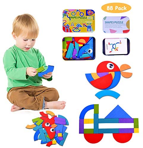 Toys and Games for Pre-Schoolers: JIAHCN Wooden Pattern Blocks Toddler Puzzles Animals, Montessori Geometric Tangram Brain Teaser Sorting and Stacking Games Educational Toys for Kids with 50 Design Cards 38 Shapes Pcs