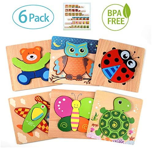 Toys for Toddlers: Toddler Toys Wooden Puzzles for Toddlers, 6 Pack Preschool Learning Toys for 1 2 3 Year Old Girls and Boys, Educational Toys for Kids with 5 Animals Patterns and 1 Aircraft Pattern