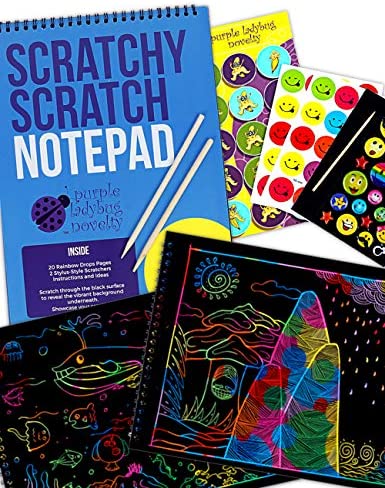 Toys and Games for Autistic Children: Purple Ladybug Rainbow Scratch Paper Art Kit for Kids: 20 BIG Sheets of Rainbow Scratch Off Paper in a Notepad +2 Wooden Stylus! Great Gift for Girls, Boys and Teens, Fun Arts and Crafts Activity Set!