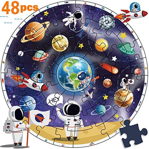 Toys and Games for Autistic Children: iPlay, iLearn Wooden Solar System Jigsaw Puzzles, Circular Floor Puzzle, Planets Learning Space Toy, Educational Children Gifts for 3 4 5 6 7 Year Olds Kids, Boys, Girls, Toddlers (Blue)