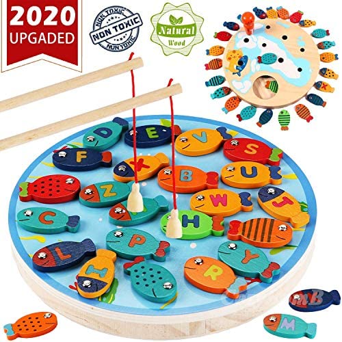 Toys for Toddlers: CozyBomB Magnetic Wooden Fishing Game Toy for Toddlers – Alphabet Fish Catching Counting Preschool Board Games Toys for 3 4 5 Year Old Girl Boy Kids Birthday Learning Education Math with Magnet Poles